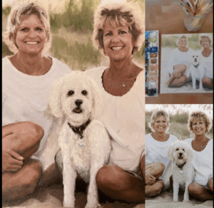 Portrait of two wives and their poodle at the beach by Maryanne Chisholm